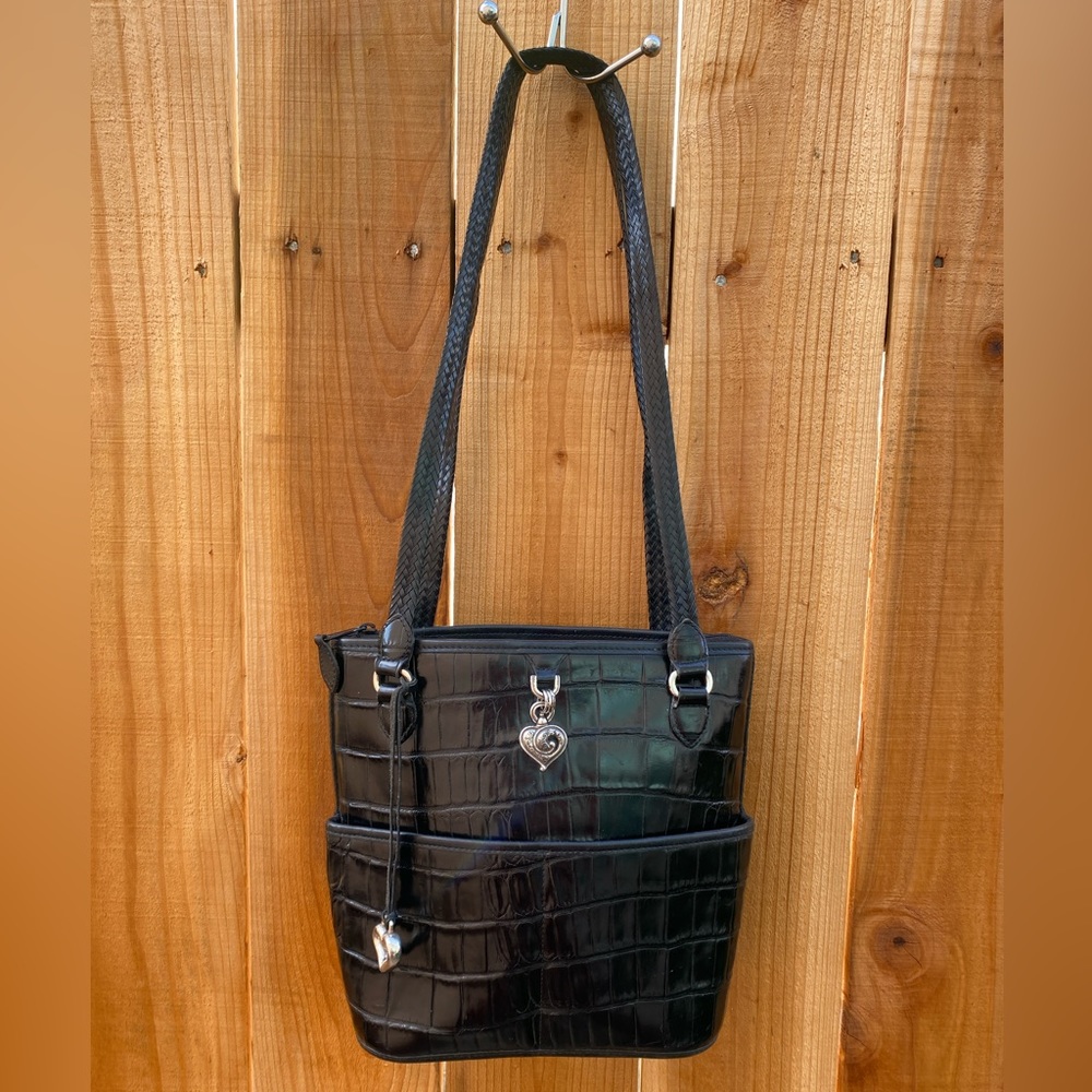 BRIGHTON Bucket Tote Shoulder Bag Black Leather w/Embossed Croc. Vintage